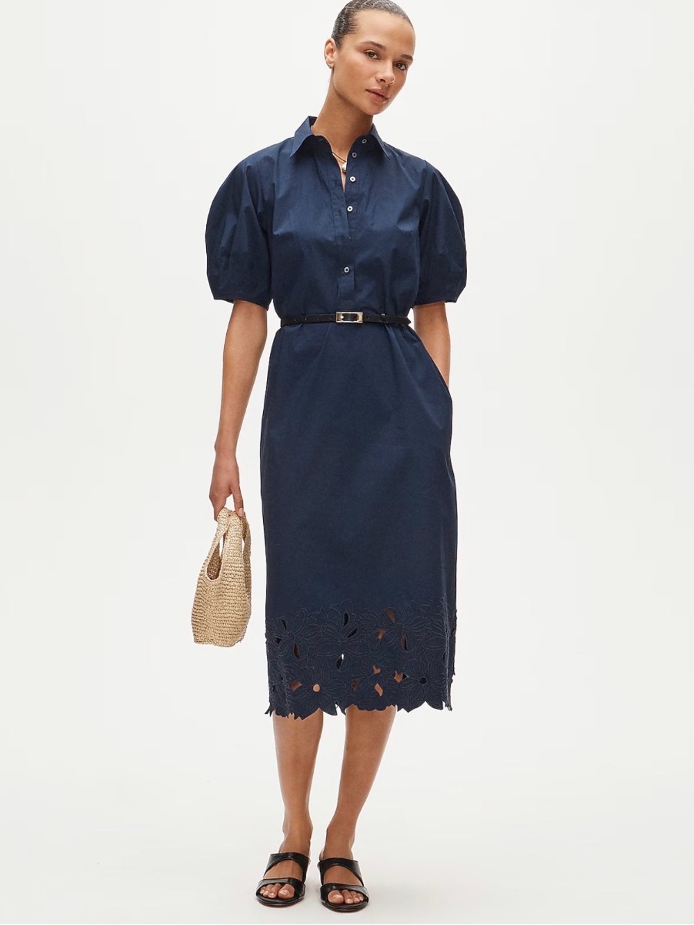 NWT, J Crew Navy Cotton Poplin Midi Floral Embroidered Eyelet Shirt Dress, SZ 14